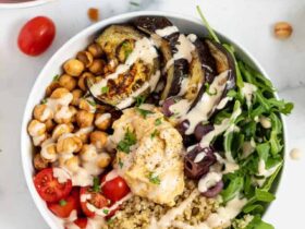 Enjoy This Delicious Mediterranean Quinoa Bowl with Roasted Red Pepper Sauce