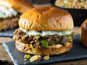 Sloppy joe sandwiches filled with seasoned beef, onions, peppers, and melted cheese.