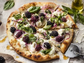 Close-up slice of blackberry basil ricotta pizza showing melted cheese, burst blackberries, and fresh basil garnish