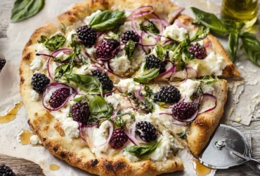 Close-up slice of blackberry basil ricotta pizza showing melted cheese, burst blackberries, and fresh basil garnish
