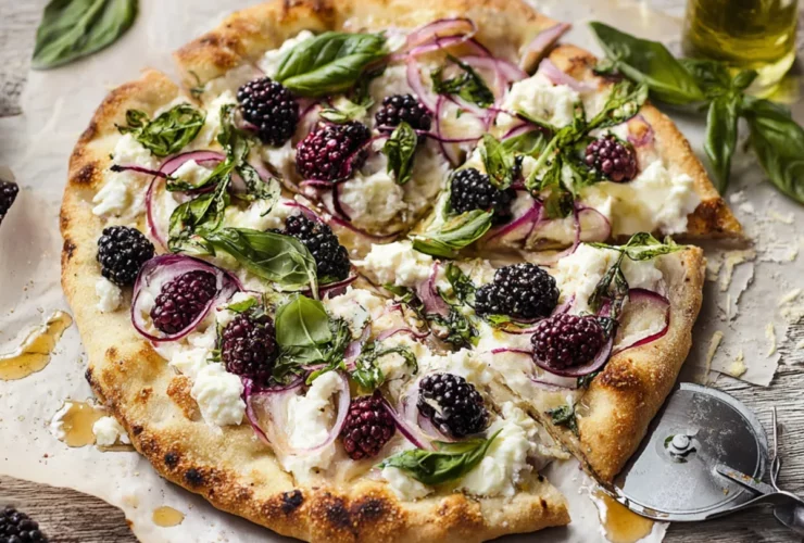 Close-up slice of blackberry basil ricotta pizza showing melted cheese, burst blackberries, and fresh basil garnish