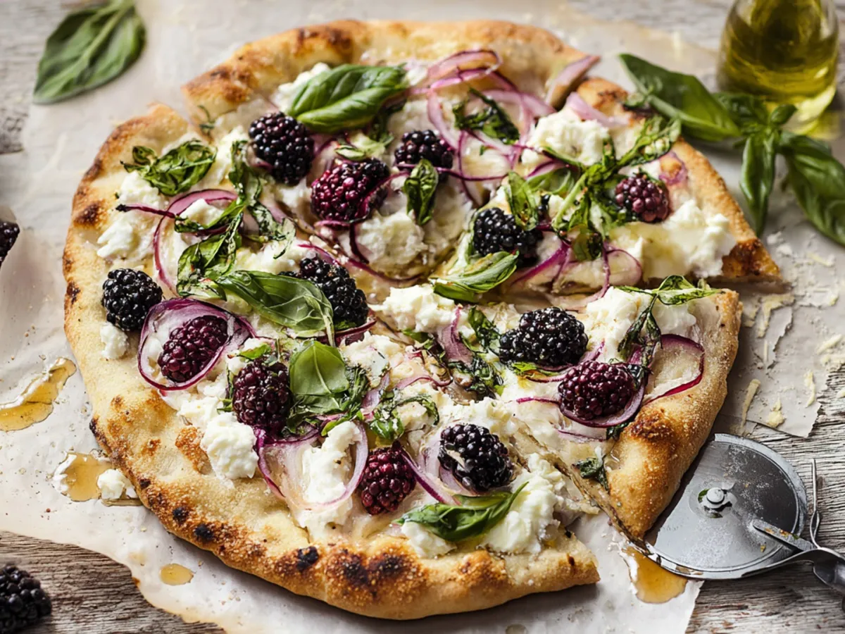 Close-up slice of blackberry basil ricotta pizza showing melted cheese, burst blackberries, and fresh basil garnish