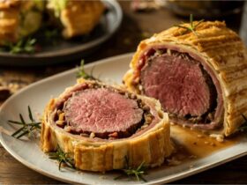 beef wellington sliced on elegant platter showing perfect pink center and golden pastry