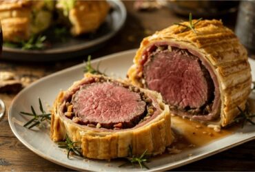 beef wellington sliced on elegant platter showing perfect pink center and golden pastry