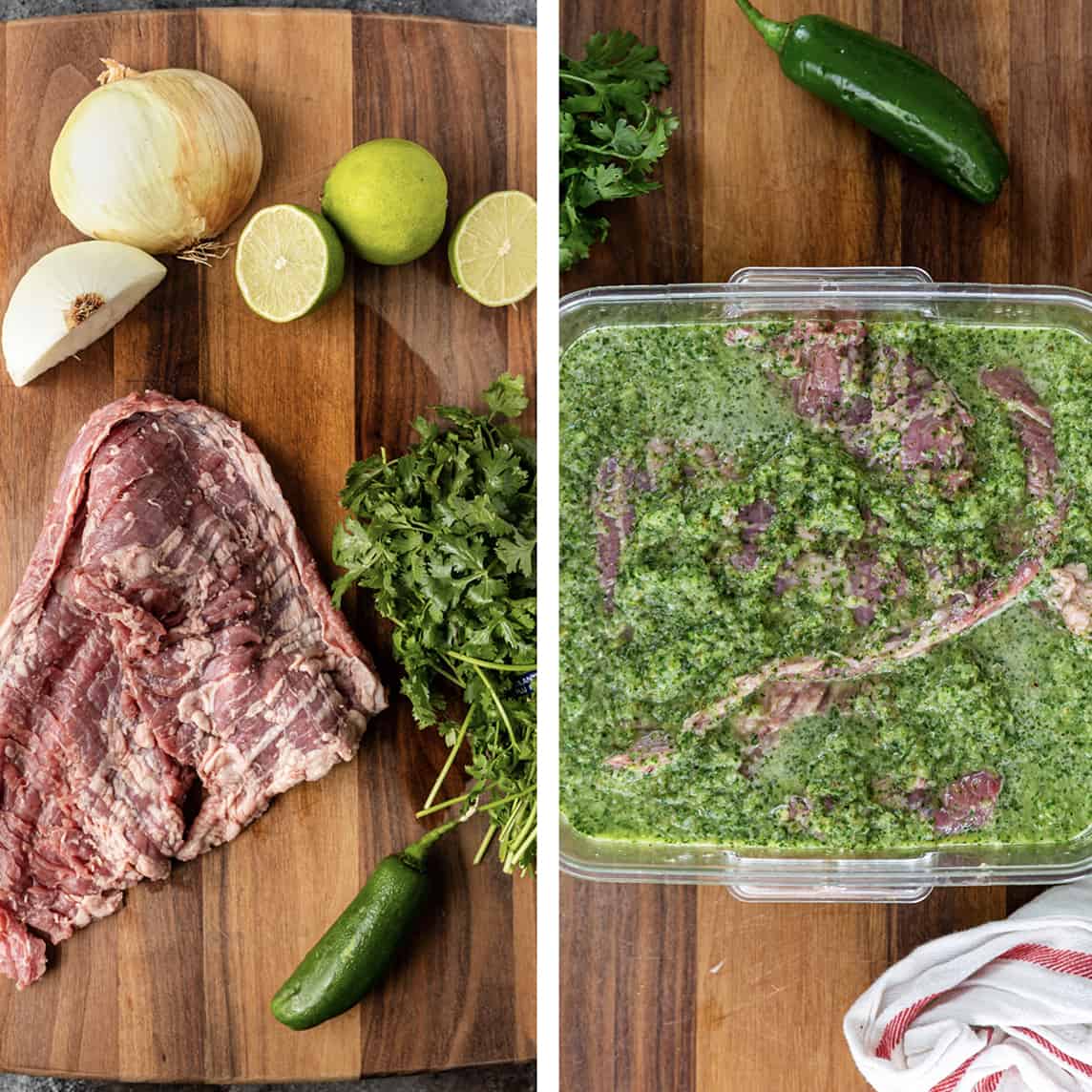 Raw marinated skirt steak on a cutting board next to small bowls of marinade ingredients including lime wedges, minced garlic, and spices