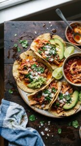 Smoky Mexican chicken tinga served on warm corn tortillas with fresh cilantro and diced onions on rustic wooden table