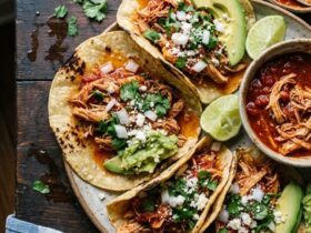 Smoky Mexican chicken tinga served on warm corn tortillas with fresh cilantro and diced onions on rustic wooden table