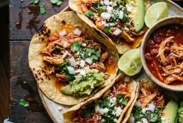 Smoky Mexican chicken tinga served on warm corn tortillas with fresh cilantro and diced onions on rustic wooden table