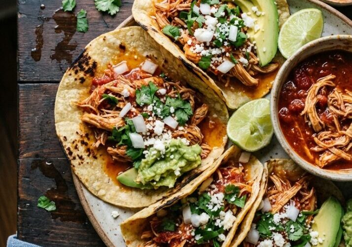 Smoky Mexican chicken tinga served on warm corn tortillas with fresh cilantro and diced onions on rustic wooden table