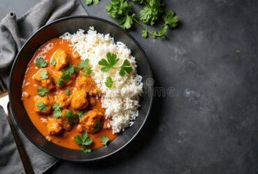 Creamy butter chicken served in a black bowl with basmati rice and fresh cilantro garnish