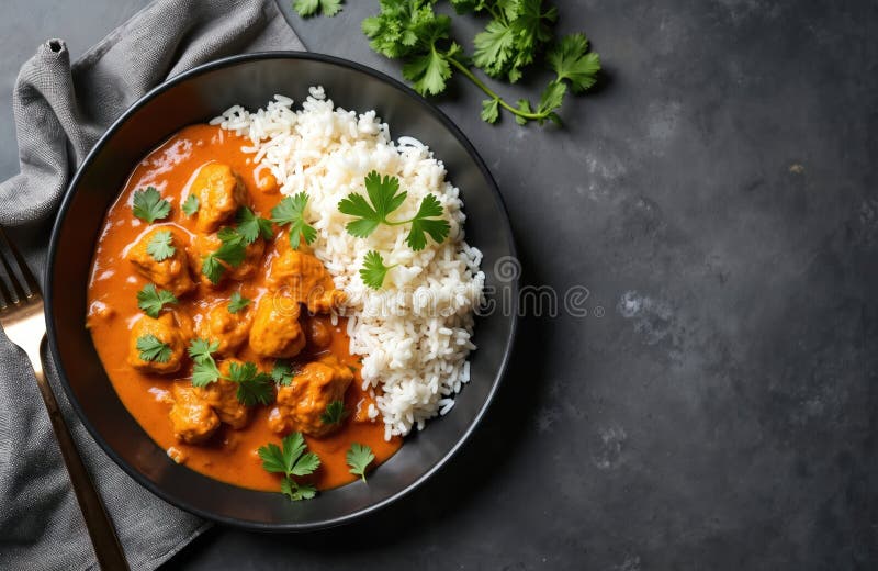 Creamy butter chicken served in a black bowl with basmati rice and fresh cilantro garnish