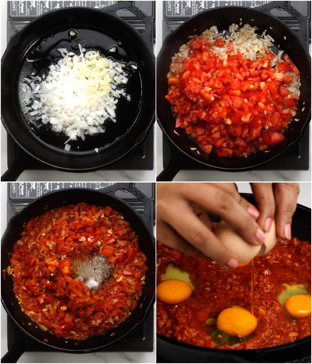 Step-by-step shot showing sauce simmering in skillet with wells created for eggs, and raw eggs being cracked into the wells