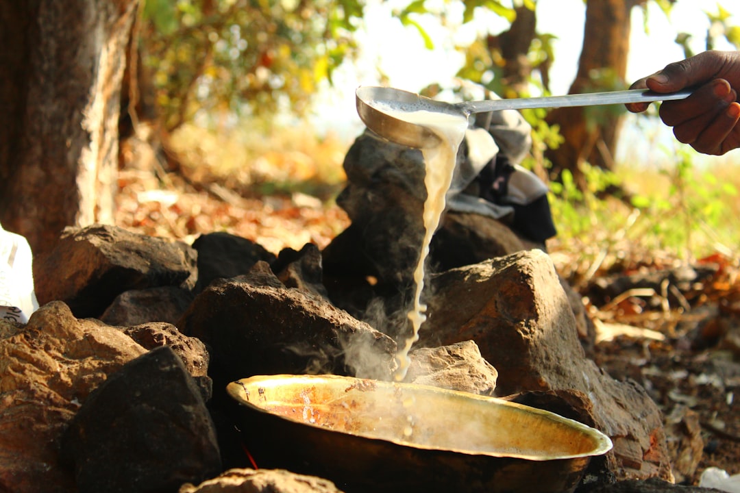close up of beef stew being ladled into bowl showing tender meat chunks and vegetables