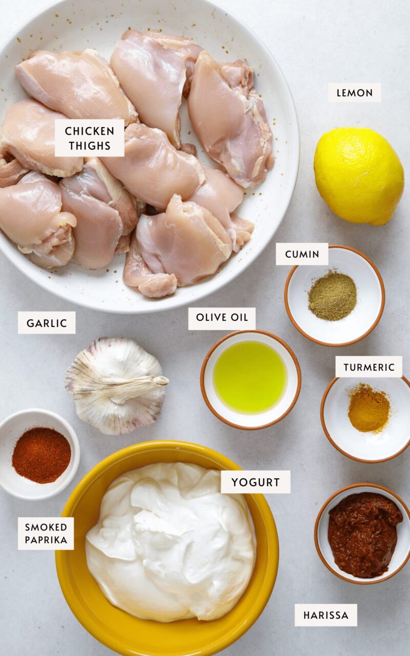 Step-by-step collage showing spices being measured, chicken marinating in yogurt, and rice being rinsed