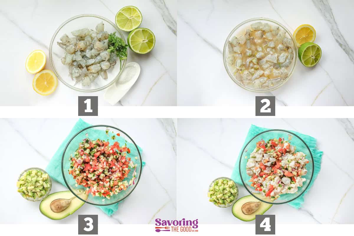 Step-by-step process showing diced shrimp, vegetables, and citrus being combined in a mixing bowl