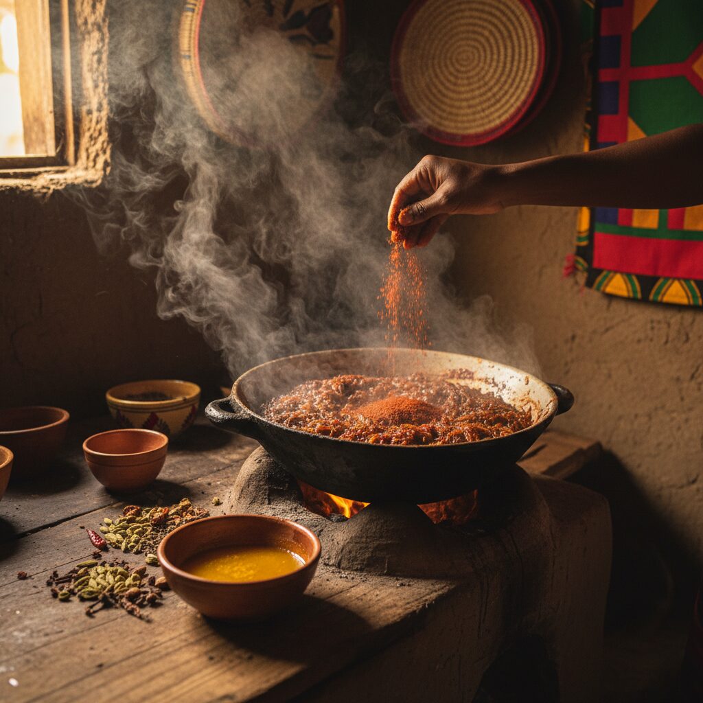 Step-by-step shots showing berbere spice mixture, caramelized onions, and chicken browning in a Dutch oven