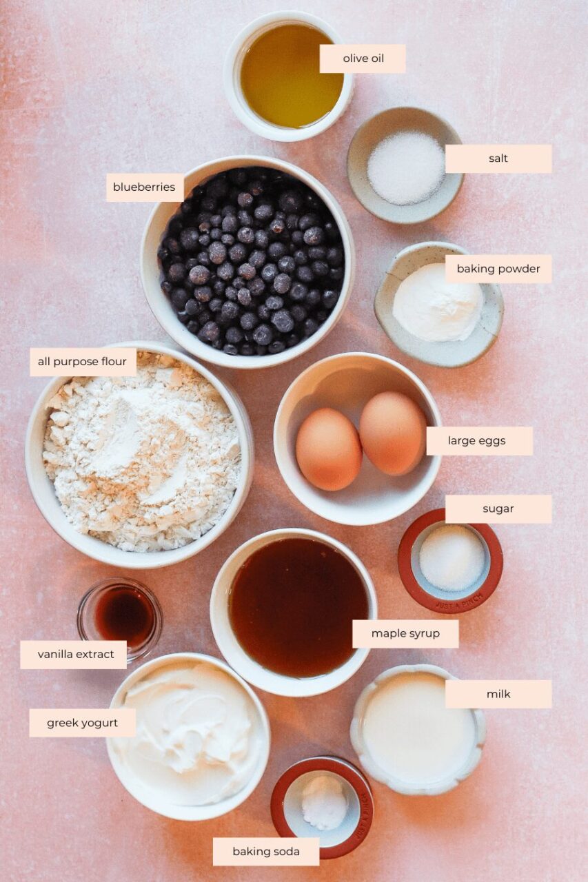 A step-by-step flat lay showing a bowl of fresh blueberries, a bowl of creamy white Greek yogurt, toothpicks for dipping, and a parchment-lined baking sheet ready to go