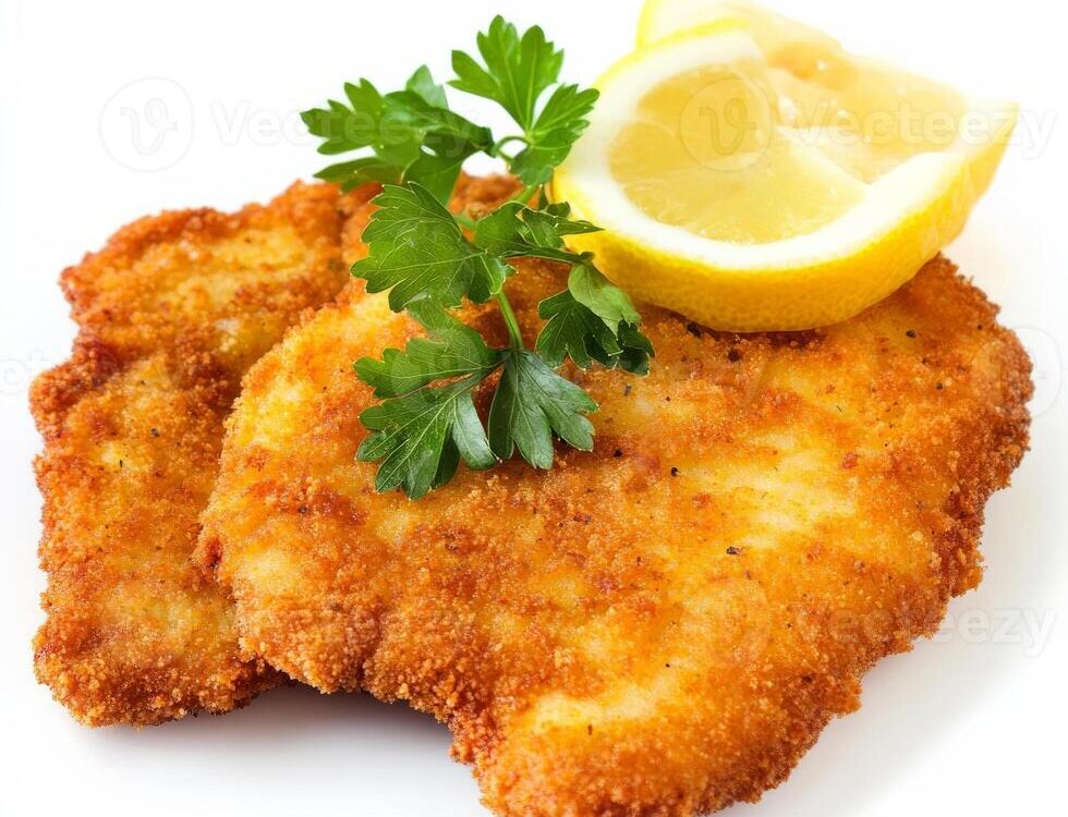 Golden crispy German schnitzel cutlets on a white plate with lemon wedges and parsley garnish