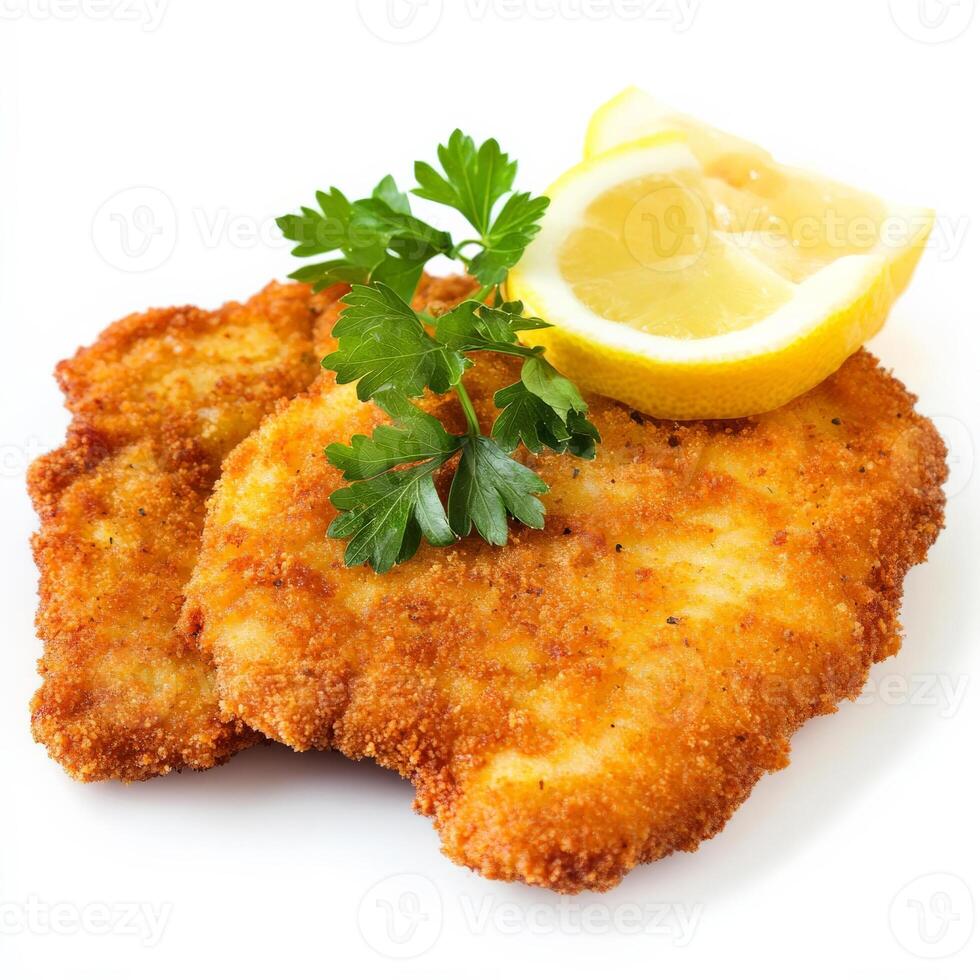Golden crispy German schnitzel cutlets on a white plate with lemon wedges and parsley garnish
