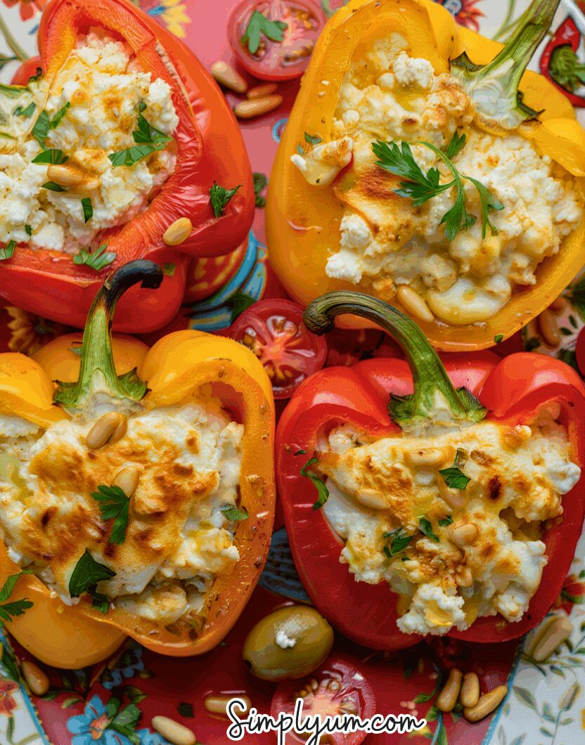 Close-up of a single stuffed bell pepper boat on a plate, showing golden feta topping, colorful quinoa turkey filling, and a fork cutting into it with fresh parsley garnish