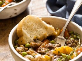 Instant Pot beef stew served in rustic ceramic bowls with fresh herbs and crusty bread, showing tender beef and colorful vegetables in rich broth