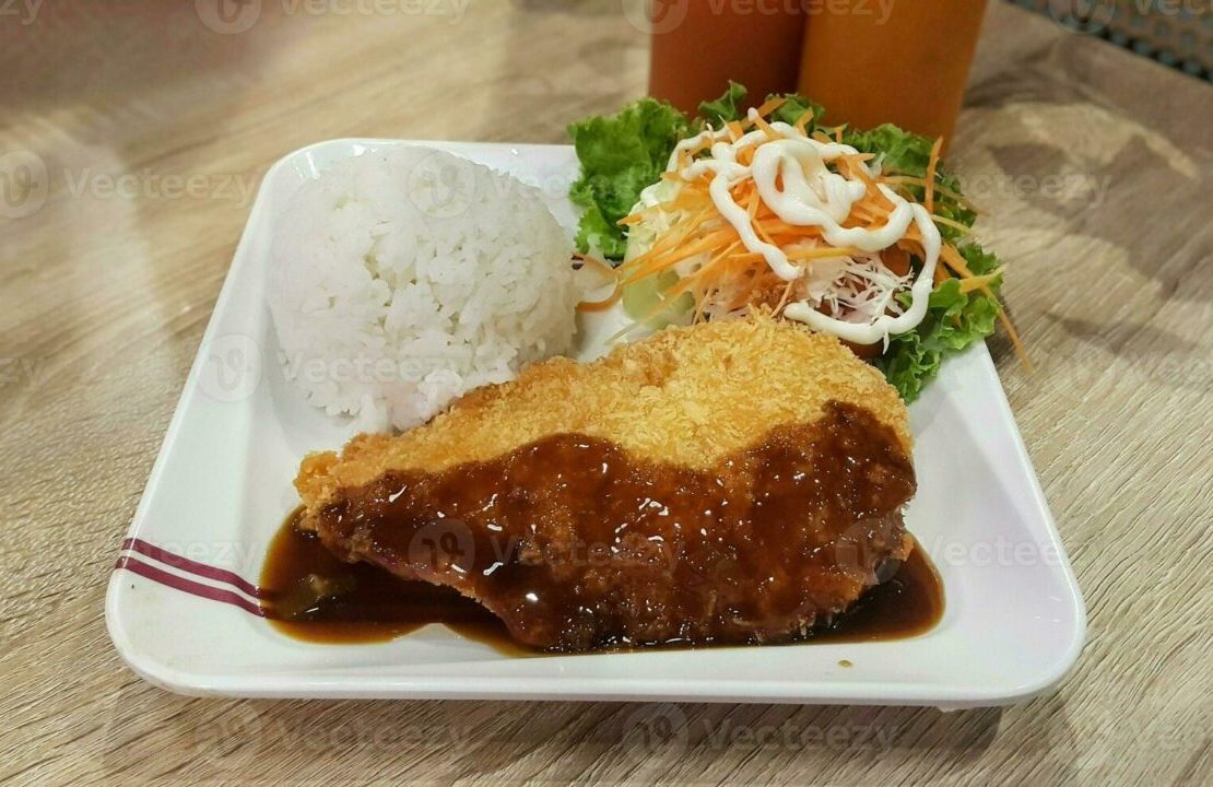 Golden crispy Japanese chicken katsu cutlets served on a white plate with shredded cabbage, steamed rice, and katsu sauce drizzled on top