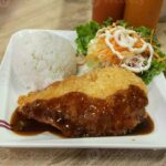 Golden crispy Japanese chicken katsu cutlets served on a white plate with shredded cabbage, steamed rice, and katsu sauce drizzled on top