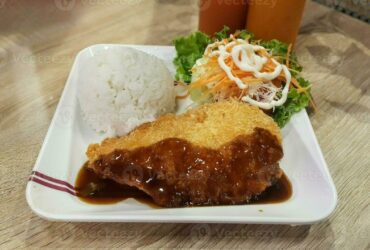 Golden crispy Japanese chicken katsu cutlets served on a white plate with shredded cabbage, steamed rice, and katsu sauce drizzled on top