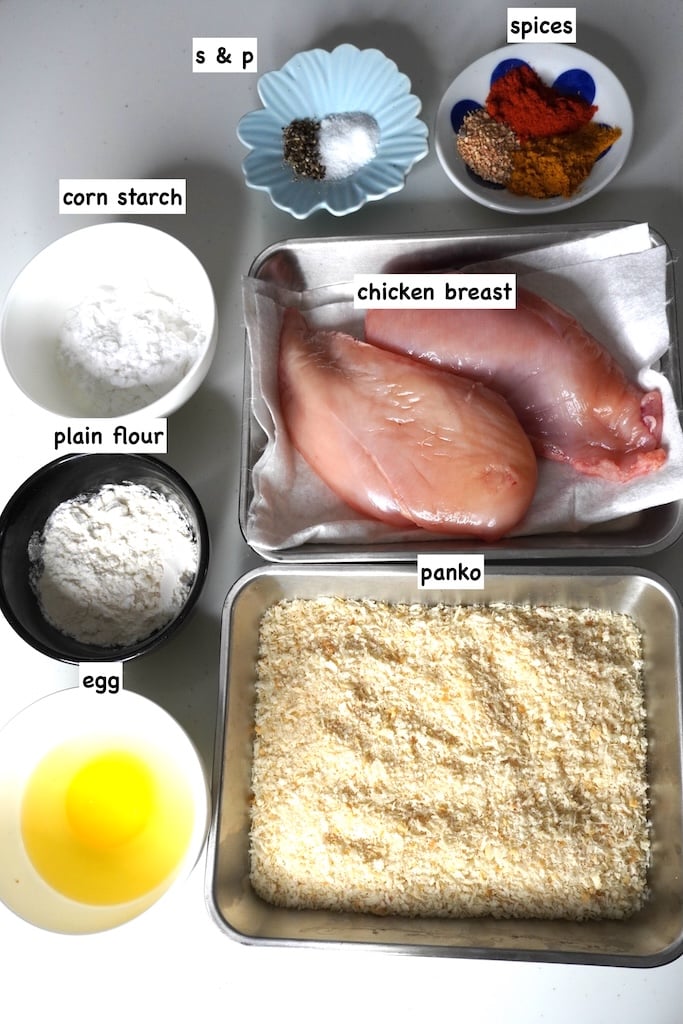 Step-by-step breading process showing chicken cutlet being dredged in flour, dipped in beaten eggs, and coated with panko breadcrumbs