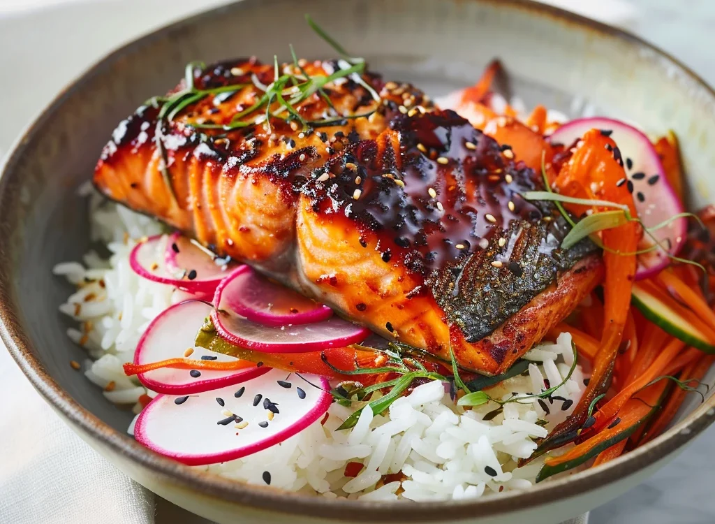 Beautifully plated miso glazed salmon with caramelized golden glaze on white plate with steamed rice and vegetables