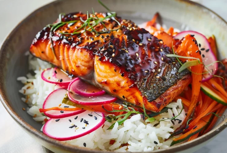 Beautifully plated miso glazed salmon with caramelized golden glaze on white plate with steamed rice and vegetables