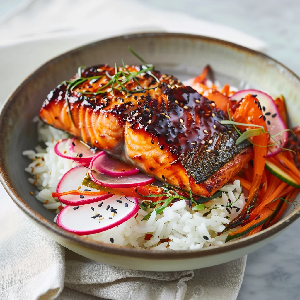 Beautifully plated miso glazed salmon with caramelized golden glaze on white plate with steamed rice and vegetables
