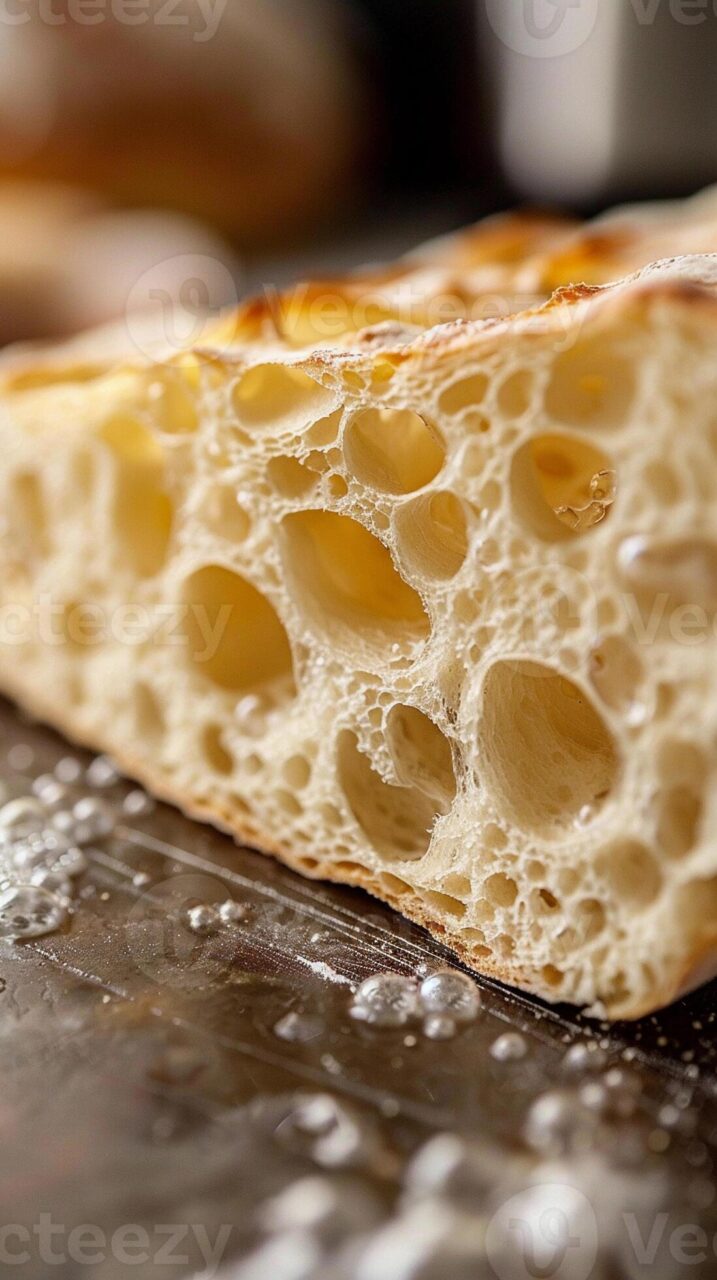 close-up of sliced sourdough bread showing open crumb structure with butter melting on top