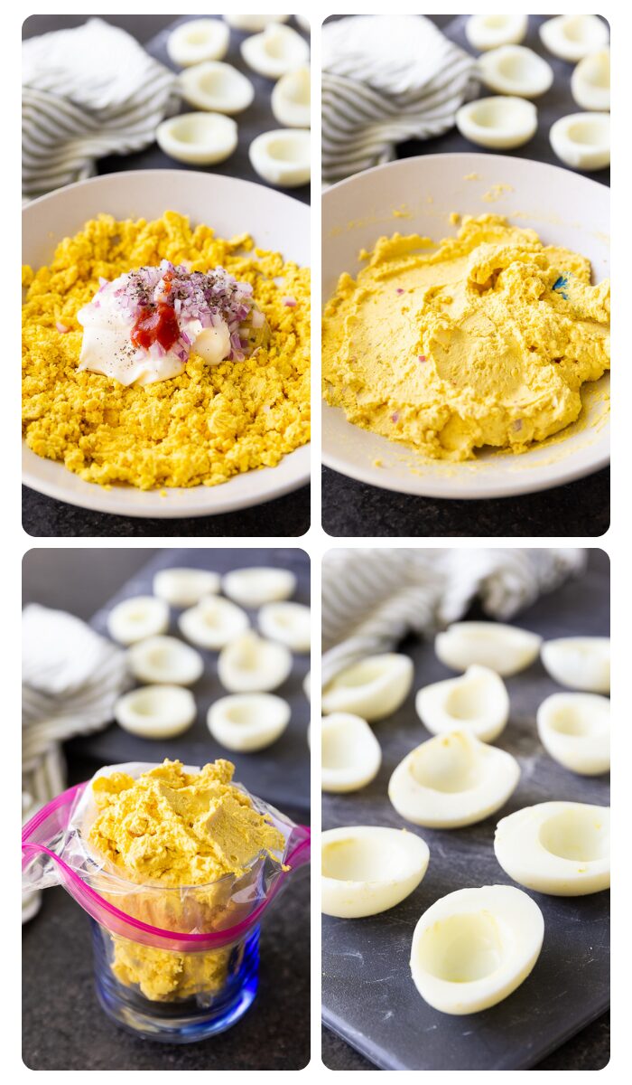 Step-by-step flat lay showing halved hard boiled eggs, a bowl of creamy yellow filling, a piping bag, and paprika in a small dish on a marble countertop