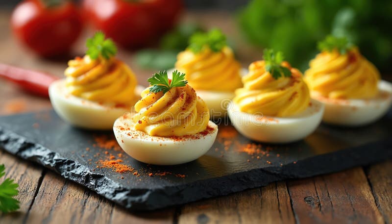 Close-up of three classic deviled eggs on a slate board, showing creamy swirled filling with a generous dusting of paprika and a sprig of fresh dill