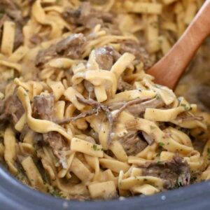 Crockpot beef and noodles served in a wide bowl with tender shredded beef over thick egg noodles coated in rich brown gravy, garnished with fresh parsley