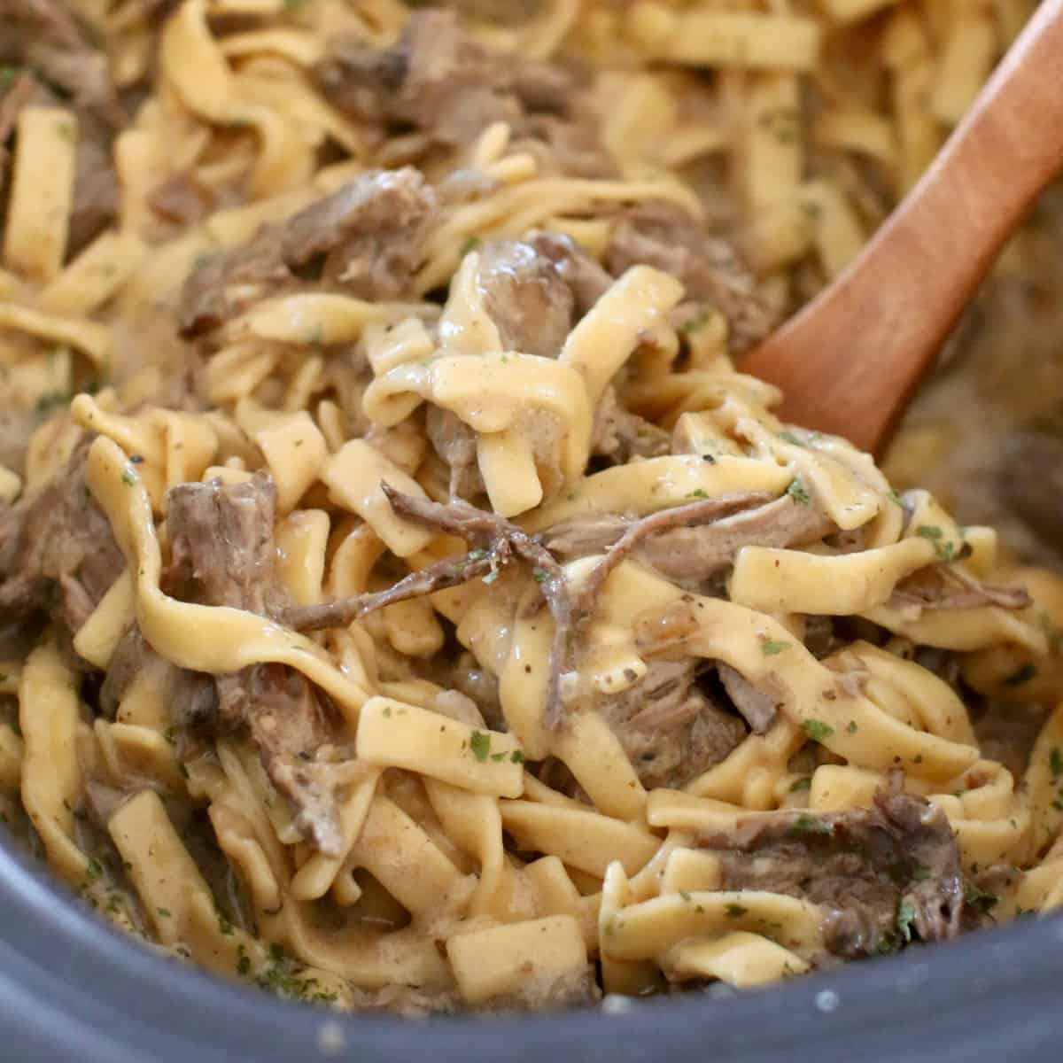 Crockpot beef and noodles served in a wide bowl with tender shredded beef over thick egg noodles coated in rich brown gravy, garnished with fresh parsley