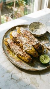 Grilled corn on the cob elote style with charred kernels, Parmesan, chili butter, and lime wedges on a rustic wooden board