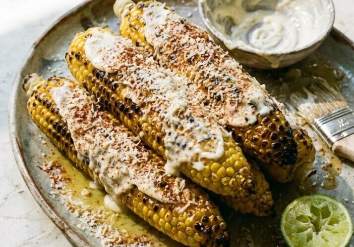 Grilled corn on the cob elote style with charred kernels, Parmesan, chili butter, and lime wedges on a rustic wooden board