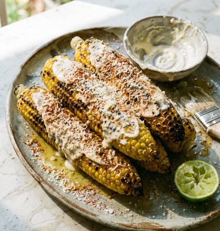 Grilled corn on the cob elote style with charred kernels, Parmesan, chili butter, and lime wedges on a rustic wooden board