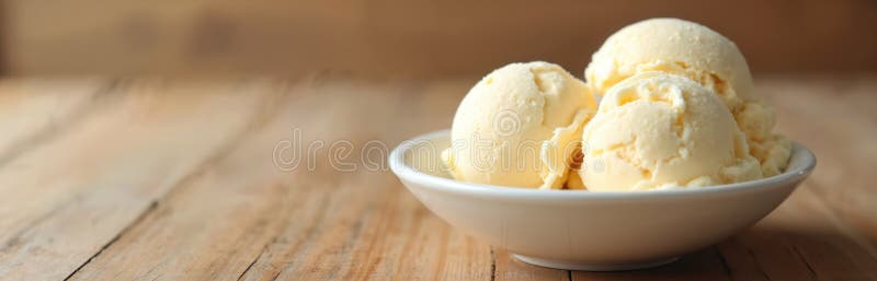 Homemade vanilla ice cream scooped into a white ceramic bowl, golden and creamy with vanilla bean specks, garnished with a fresh vanilla pod on a rustic wooden table in soft summer light