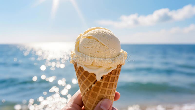 Close-up scoop of homemade vanilla ice cream in a waffle cone, showing golden custard color and tiny vanilla bean specks, with a blurred summer backyard in the background