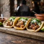 Instant Pot carnitas tacos piled high on warm corn tortillas with fresh cilantro, diced white onion, lime wedges, and a smoky orange-tinted pork filling with crispy caramelized edges, served on a rustic wooden board