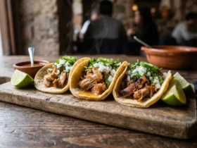 Instant Pot carnitas tacos piled high on warm corn tortillas with fresh cilantro, diced white onion, lime wedges, and a smoky orange-tinted pork filling with crispy caramelized edges, served on a rustic wooden board