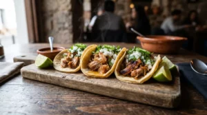 Instant Pot carnitas tacos piled high on warm corn tortillas with fresh cilantro, diced white onion, lime wedges, and a smoky orange-tinted pork filling with crispy caramelized edges, served on a rustic wooden board