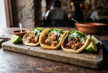Instant Pot carnitas tacos piled high on warm corn tortillas with fresh cilantro, diced white onion, lime wedges, and a smoky orange-tinted pork filling with crispy caramelized edges, served on a rustic wooden board