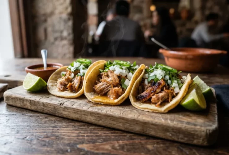 Instant Pot carnitas tacos piled high on warm corn tortillas with fresh cilantro, diced white onion, lime wedges, and a smoky orange-tinted pork filling with crispy caramelized edges, served on a rustic wooden board