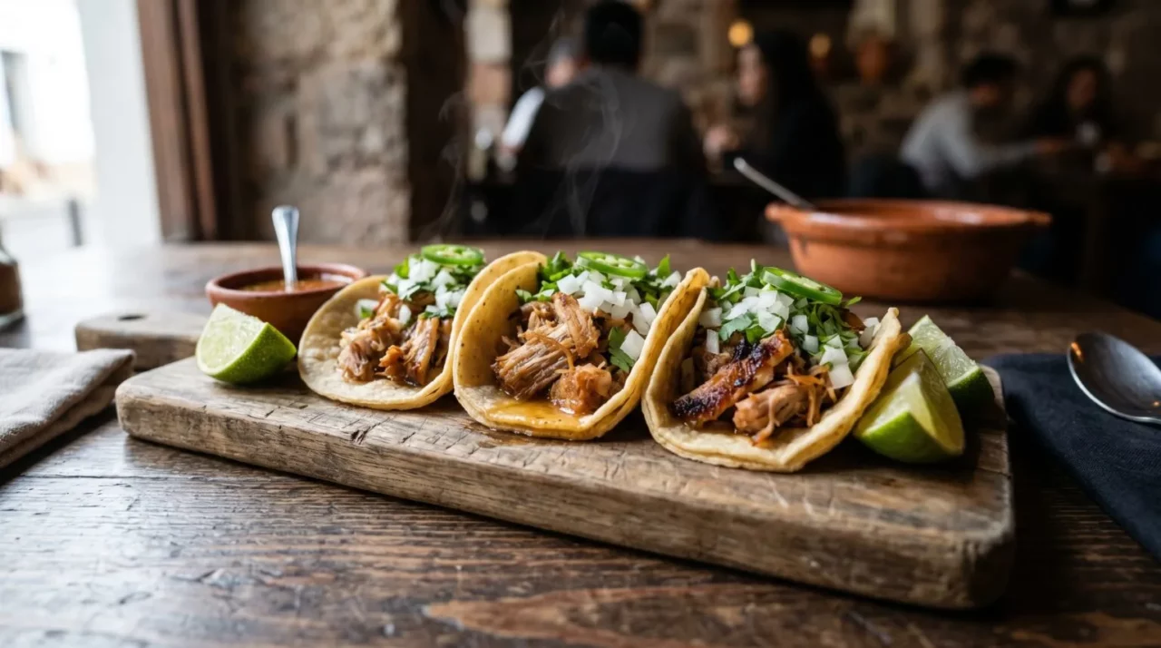 Instant Pot carnitas tacos piled high on warm corn tortillas with fresh cilantro, diced white onion, lime wedges, and a smoky orange-tinted pork filling with crispy caramelized edges, served on a rustic wooden board