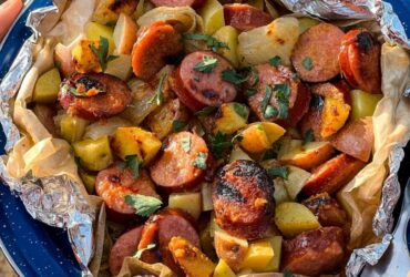 Kielbasa and potato foil packets opened on a plate showing smoky sausage slices, golden potatoes, and a glossy butter and spicy mustard glaze, garnished with fresh parsley
