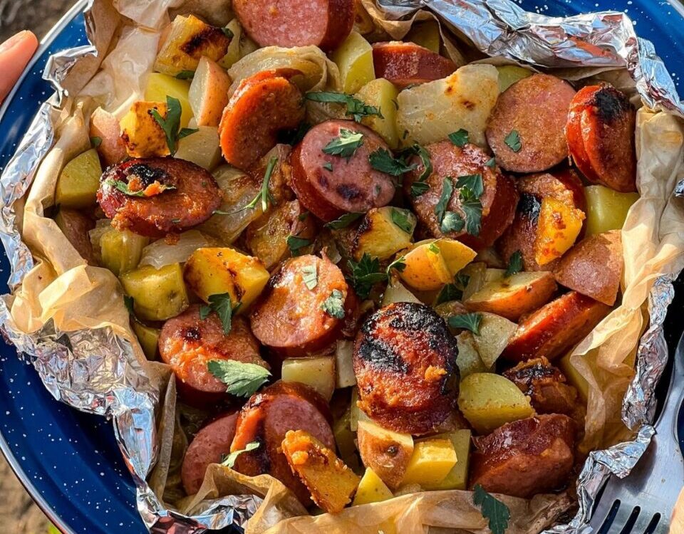 Kielbasa and potato foil packets opened on a plate showing smoky sausage slices, golden potatoes, and a glossy butter and spicy mustard glaze, garnished with fresh parsley